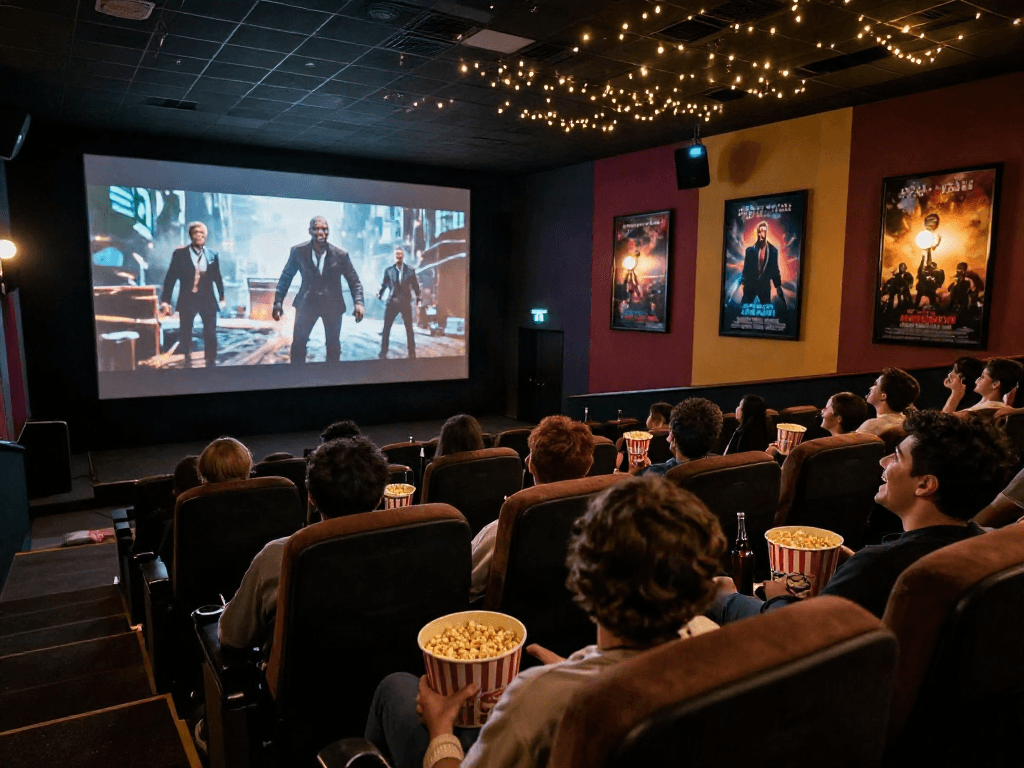 Moviebox fans enjoying a cinematic experience in a cozy theater setting