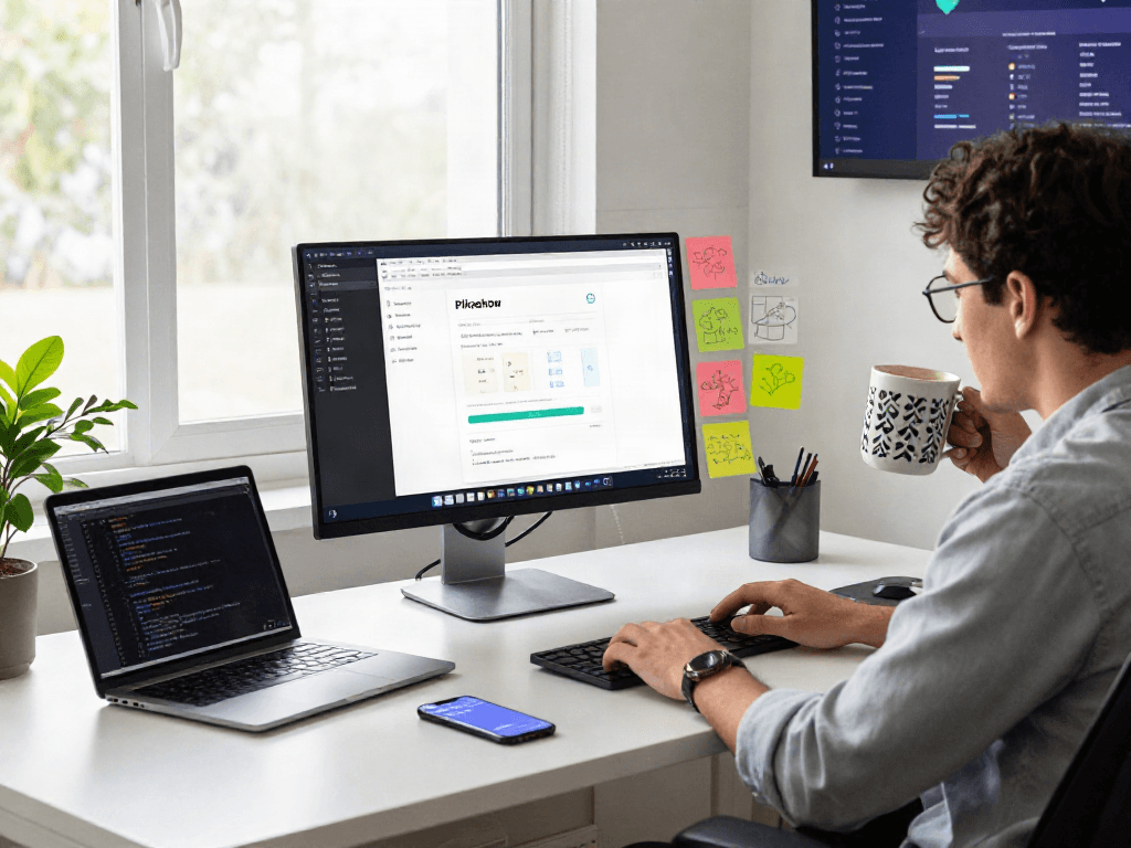 Dynamic tech workspace showing Pikashow apk download on modern screens with coding and notifications.