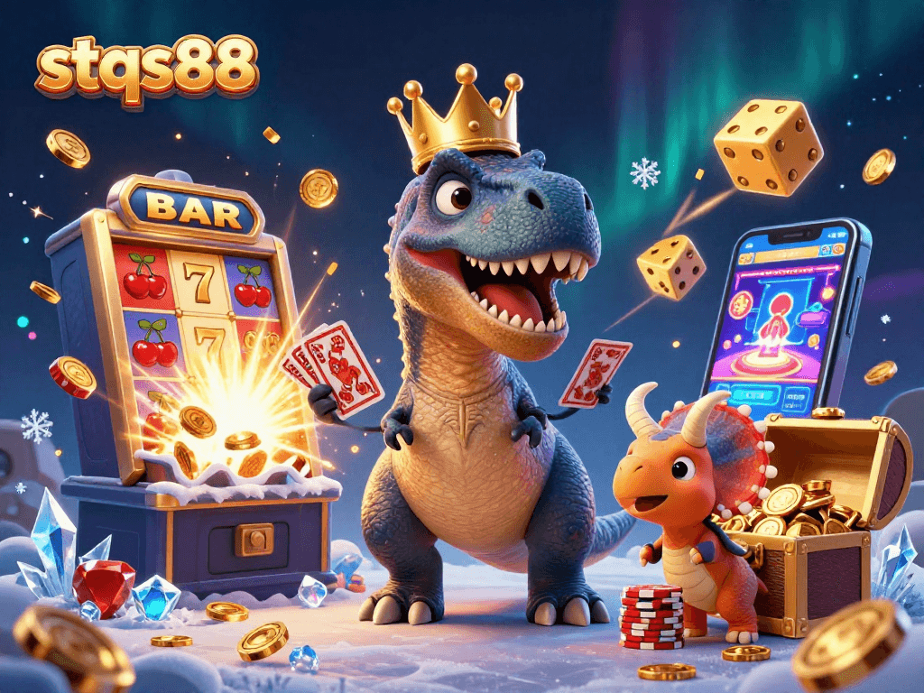 Engage with stqs88 as T-Rex and friends shuffle cards and stack chips in a vibrant casino scene.
