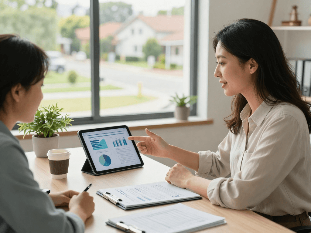 Client exploring consolidation options with financial counselor in bright home office
