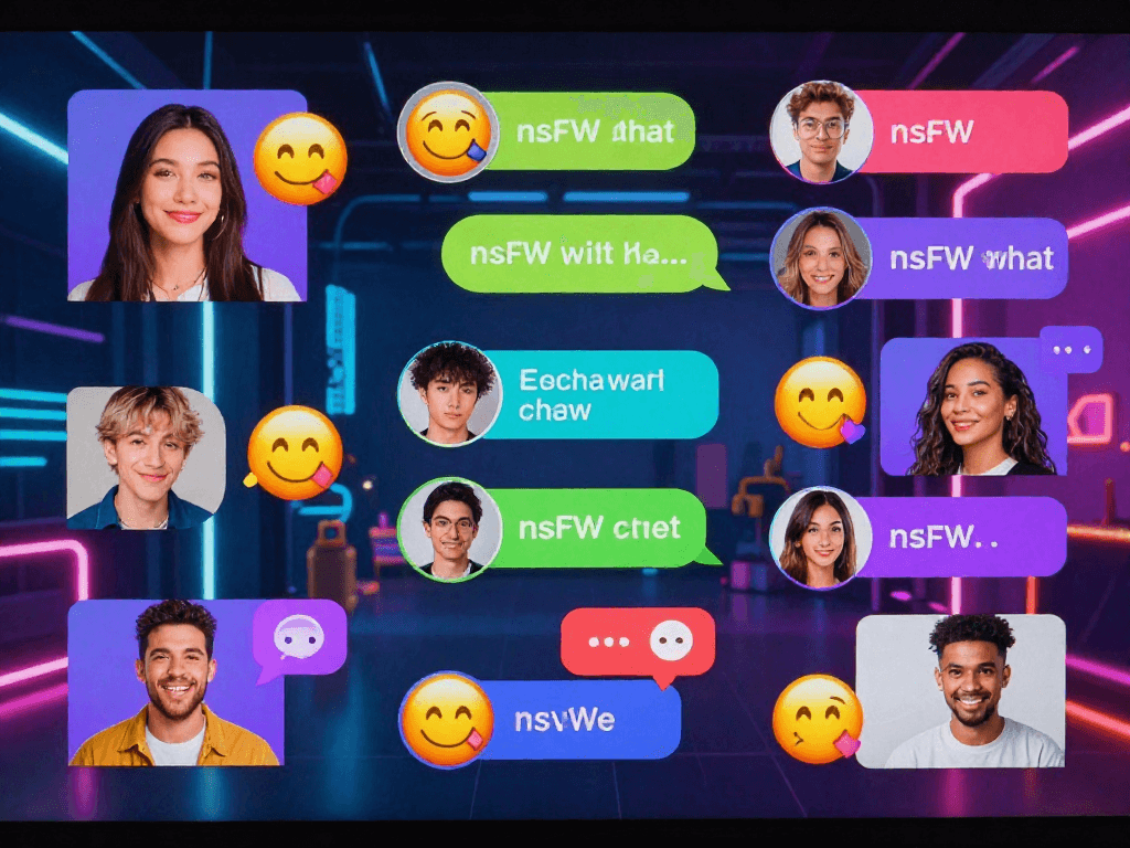 Dynamic nsfw chat scene depicting diverse avatars in a vibrant digital environment, showcasing engaging online interactions.