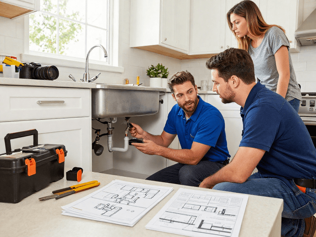 Leak repair Fort Worth in action, skilled technician resolving kitchen plumbing issue with visible tools and homeowner interaction.