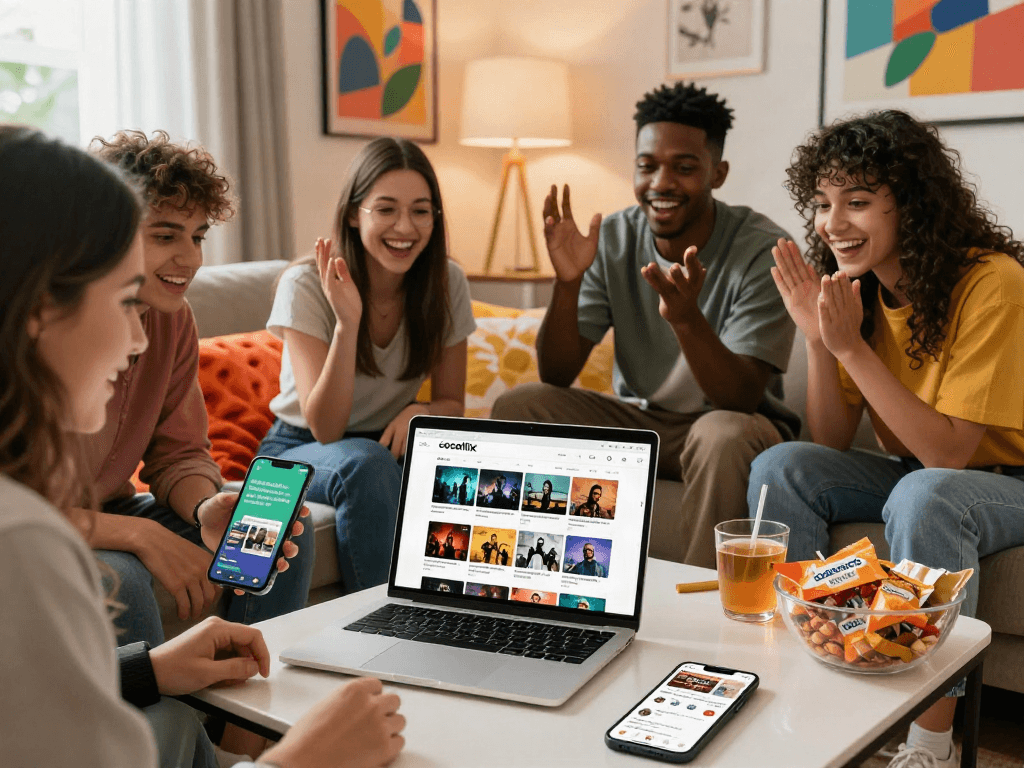 Friends exploring cocoflix on a laptop in a cozy living room.