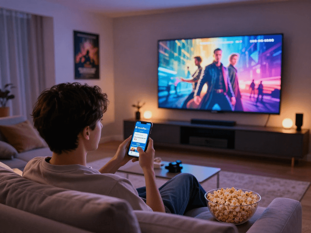 Engaging with the cocoflix apk app on a smartphone in a cozy home theater.