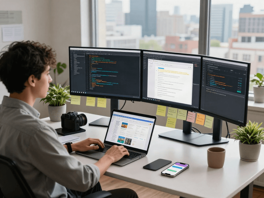 Developer creating the pikashow app in a vibrant workspace with multiple screens.