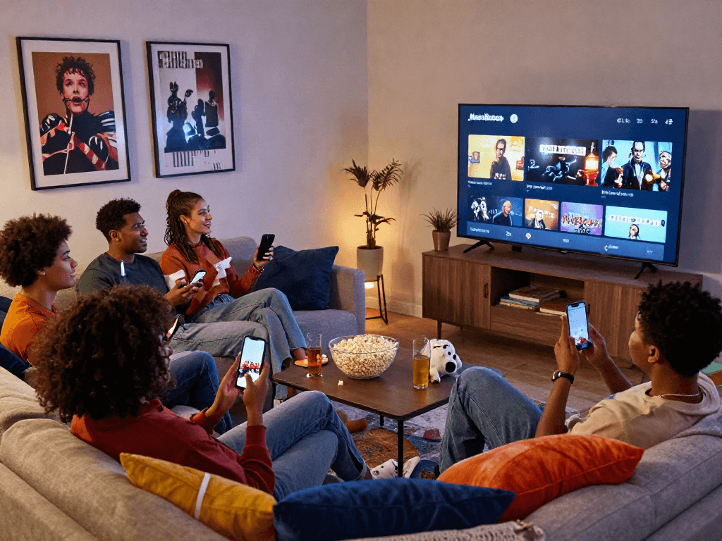 Friends enjoying a movie night using the Moviebox app in a cozy living room.
