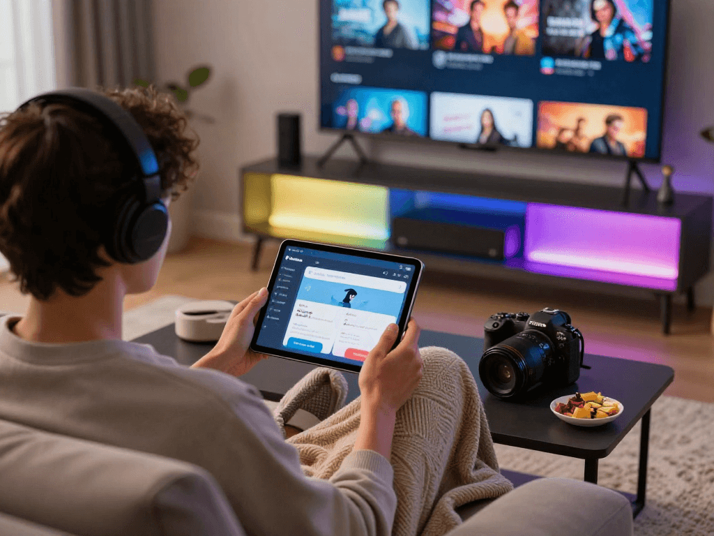 Pikashow app user enjoying streaming content on a tablet in a cozy entertainment setting.