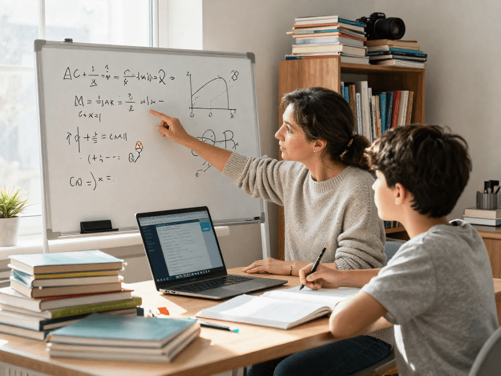 Maths tutors assisting students with engaging lessons in a cozy home study.