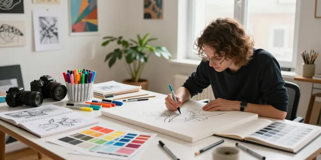 Marker pen supplier creating artwork with colorful markers in a bright workspace.