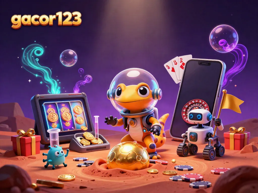 Win big at gacor123 with this vibrant gaming illustration featuring exciting casino elements and alien characters.