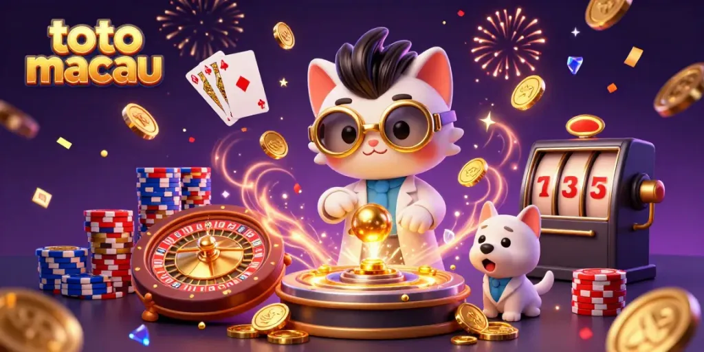 Engage in exciting Toto Macau gaming with animated characters amidst cascading coins and vibrant visuals