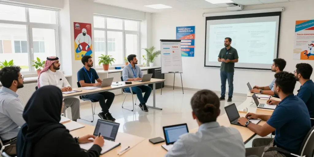 Training Institute Saudi Arabia participants engaged in a professional health and safety workshop, showcasing interactive learning and collaboration.