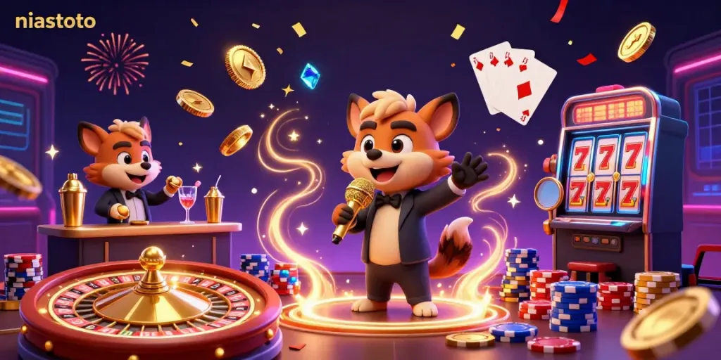Engage in thrilling casino action at NIASTOTO with vibrant visuals, juggling hyenas, and sparkling treasures.