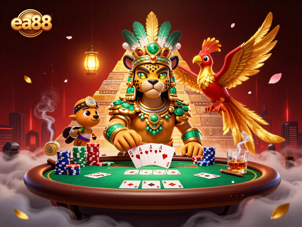 ea88 showcases an immersive 3D casino scene with vibrant poker action and a mystical atmosphere.