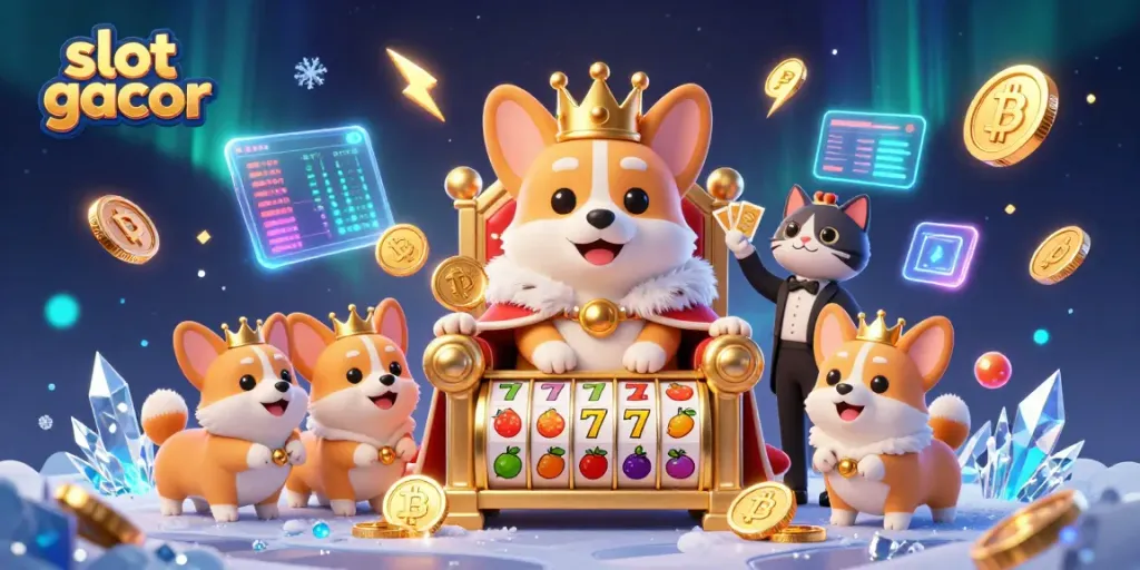 Experience the thrill of slot gacor with vibrant slots and playful characters in a dazzling casino scene.