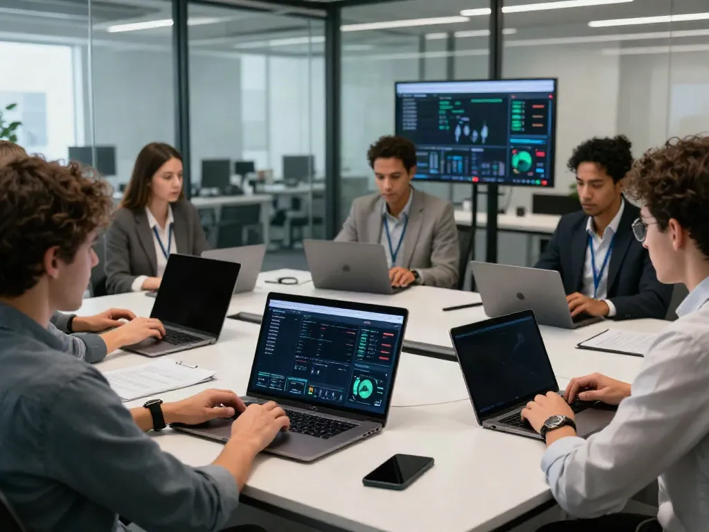 Deepfake protected Online Video Calls, Meetings and Conferencing in action during a tech conference with professionals collaborating.