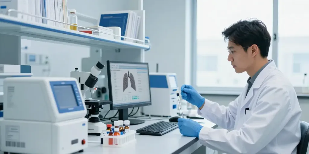 Analyzing bronchogen peptide samples in a modern laboratory setting.
