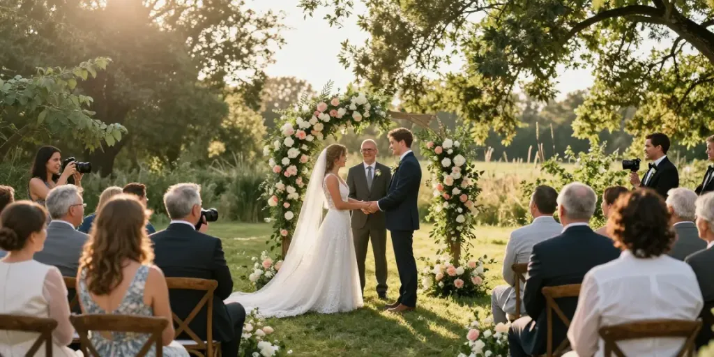 documentary wedding photographer in Dunedin capturing a couple exchanging vows outdoors during golden hour.
