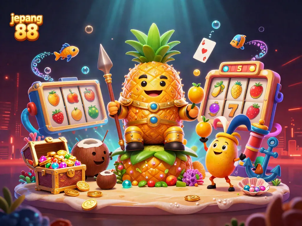 jepang 88 slots scene with a golden pineapple king and treasure among vibrant casino elements