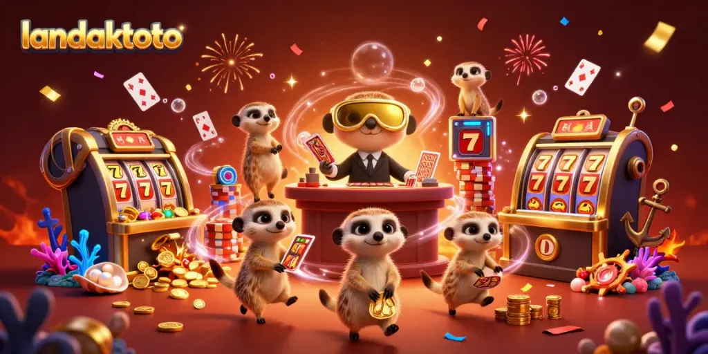Menggambarkan landaktoto, koloni meerkat menjalankan kasino glamor dengan peti harta karun, koin emas, dan banyak elemen dekoratif.