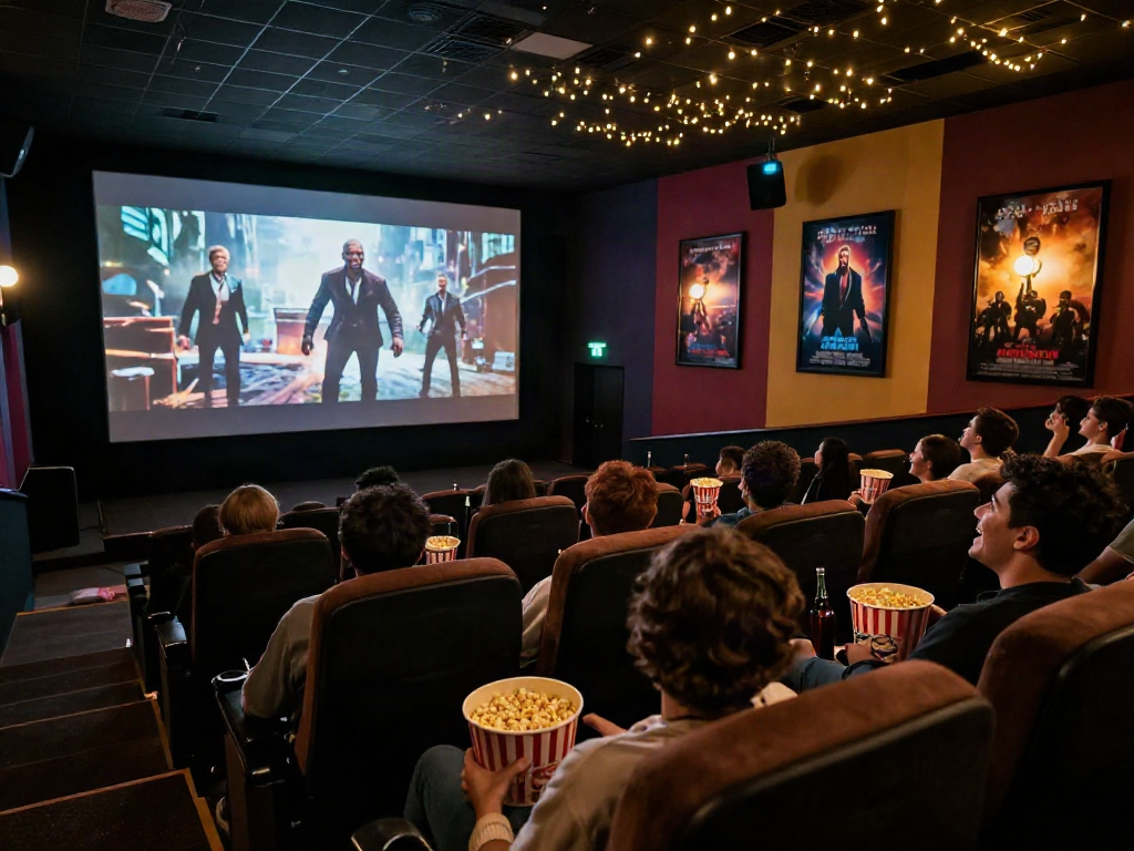 Moviebox fans enjoying a cinematic experience in a cozy theater setting