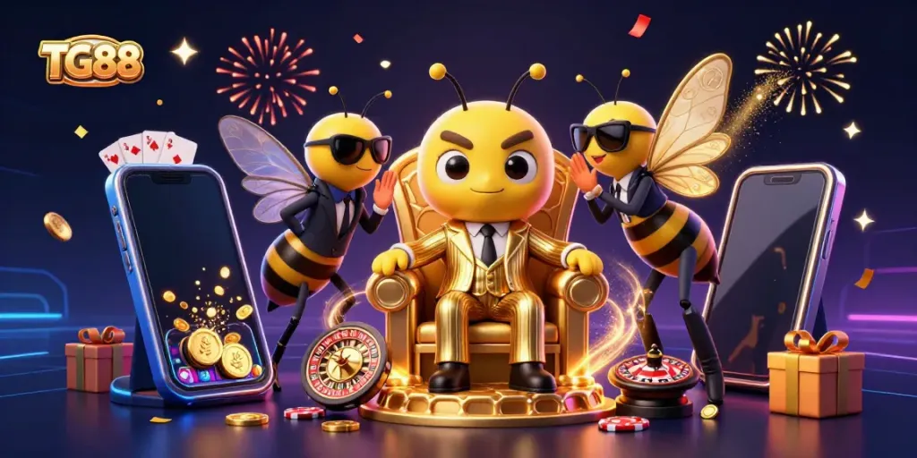 Experience the excitement of TG88 with a lively illustration of a bumblebee mob boss surrounded by games and glamour.