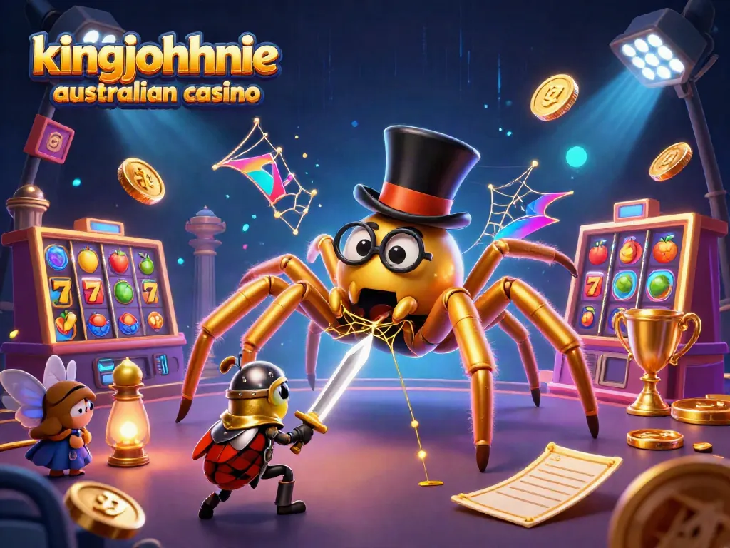 Experience the excitement at kingjohnnie australian casino with a dynamic 3D scene of a golden tarantula and beetle knight