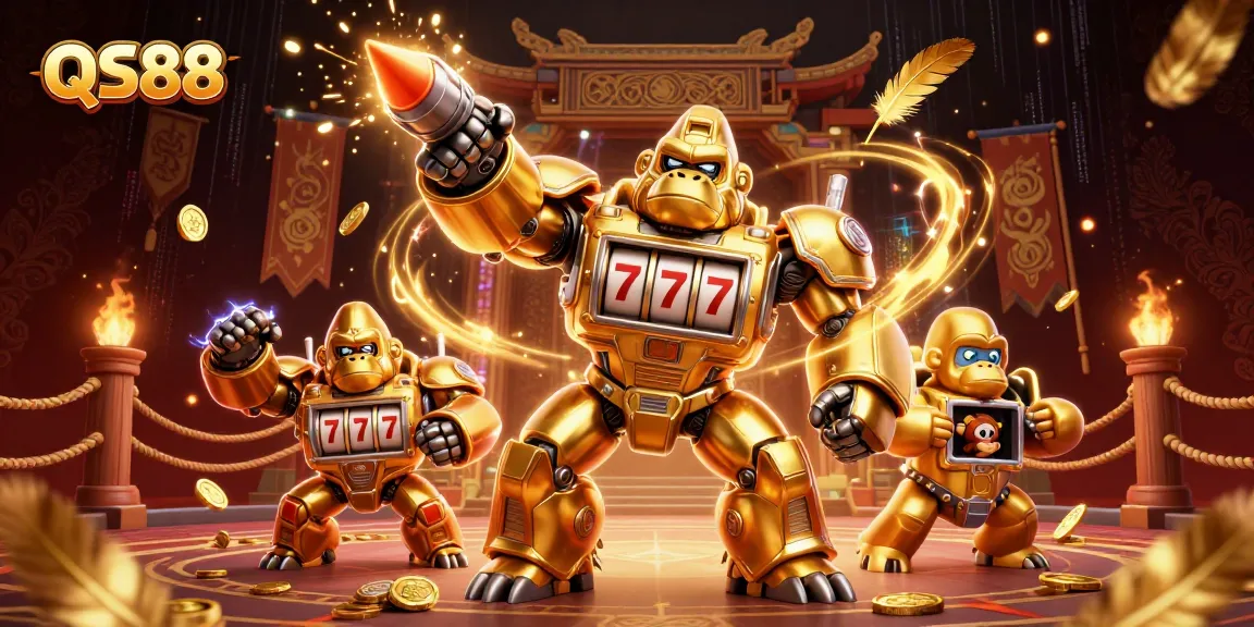 Engage in thrilling gameplay at QS88 with a 3D golden gorilla mech and dynamic casino elements.