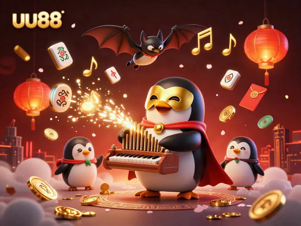 uu88 penguin organist in a dazzling casino scene, shooting coins and magic notes