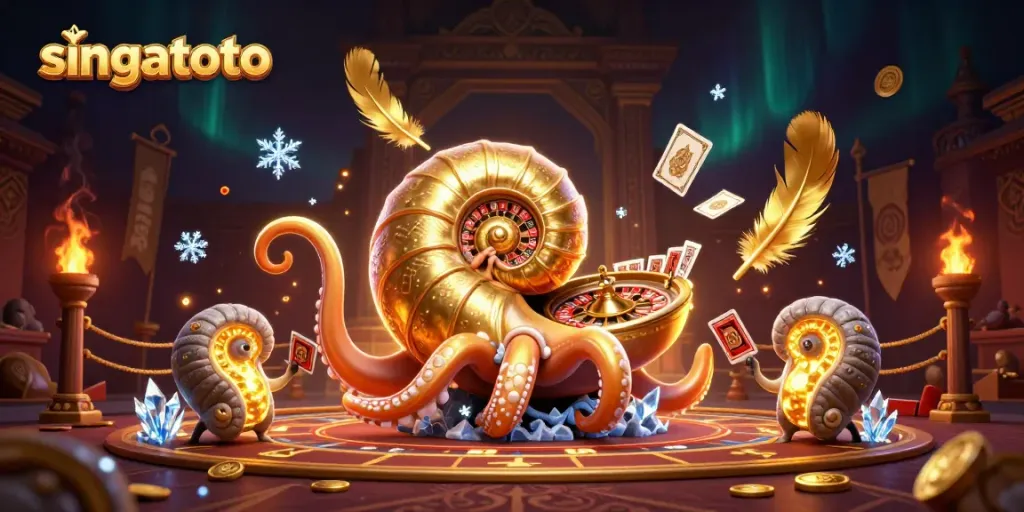 Experience the thrill of singatoto with a dynamic 3D illustration of the giant nautilus and glowing ammonites.