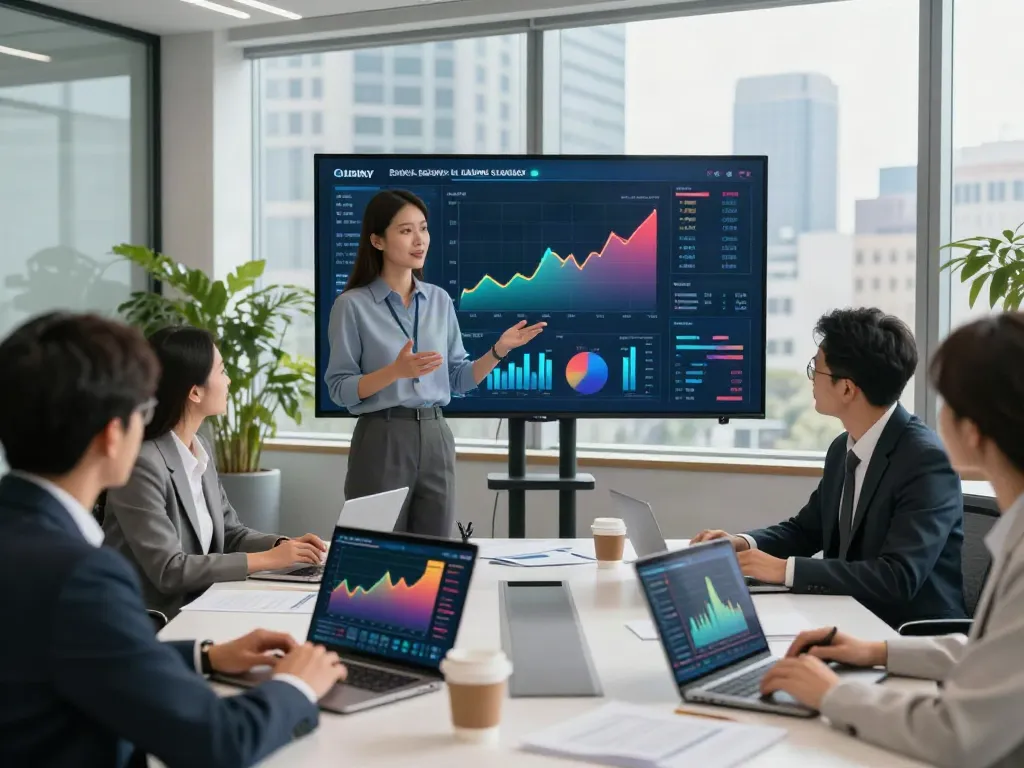 Financial analysts discussing performance metrics of the largest banks in the US in a modern office.