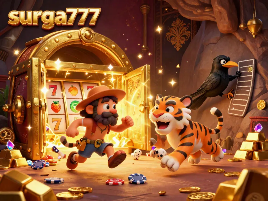Experience thrilling games at surga777 with a playful caveman and tiger duo in a vibrant prehistoric casino.