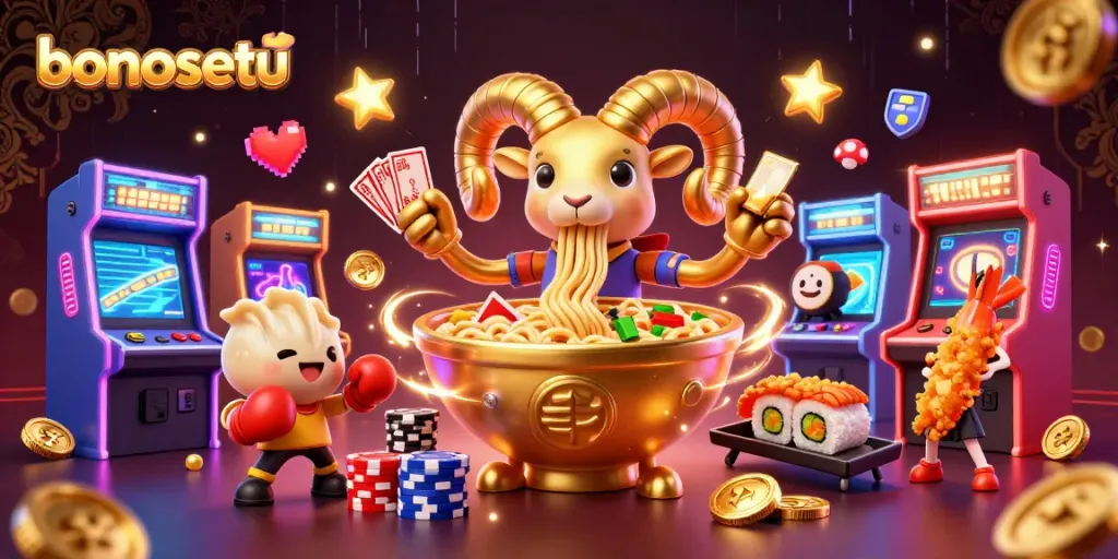 Engage in thrilling gameplay with bonusetu amidst colorful arcade elements and vibrant casino visuals.