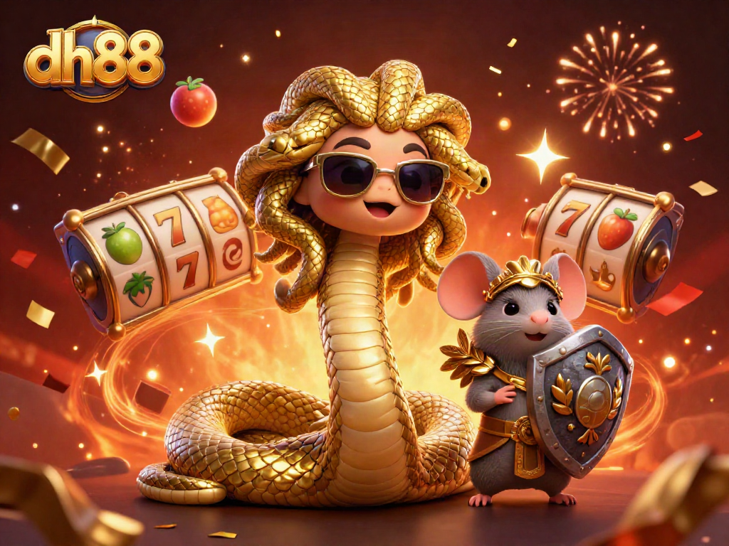 Engage in exciting slots with dh88 featuring a friendly Medusa and a warrior mouse amidst a colorful gaming scene.