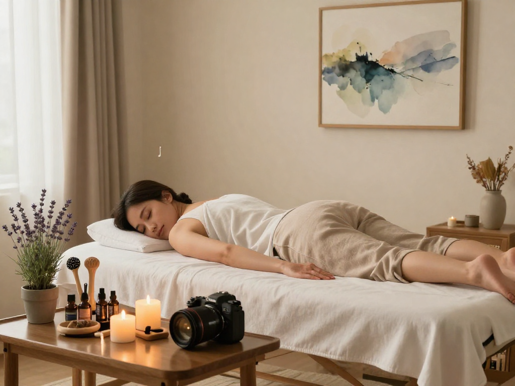 Relaxing home massage scene highlighting 사당출장마사지 with tranquil atmosphere, soothing decor, and essential oils.