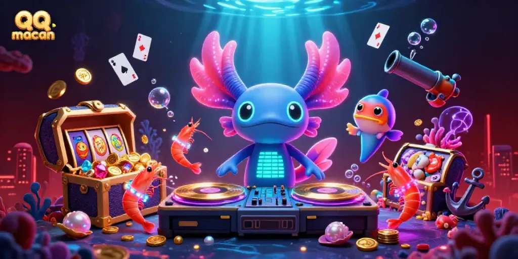 Experience the energy of winning with qq macan at an underwater casino party featuring vibrant characters.