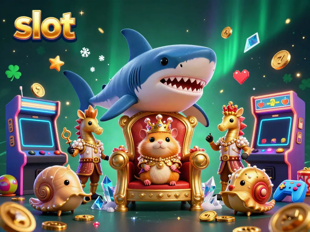 Spin the slot reels with a golden hamster king and seahorse guards in an imaginative casino scene.