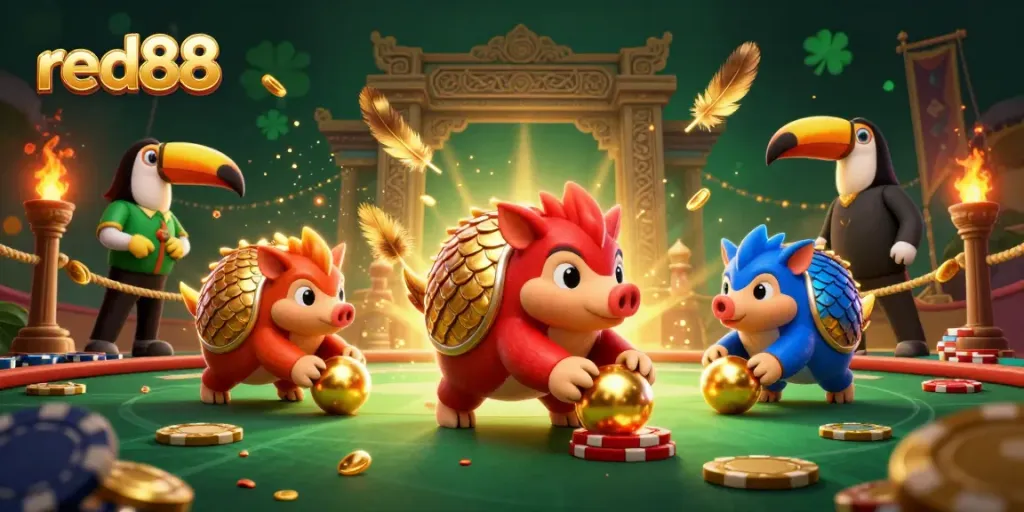 Experience excitement at red88 with rival pangolins battling in a vibrant casino atmosphere