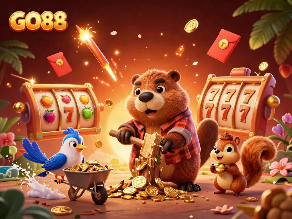 Win big at GO88 with animated characters collecting golden coins in a vibrant casino scene.