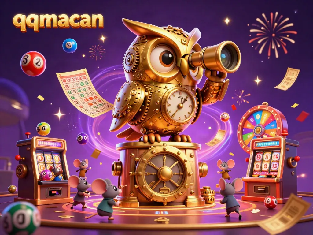 Experience captivating gameplay with qqmacan's animated golden owl overseeing vibrant gaming activities.
