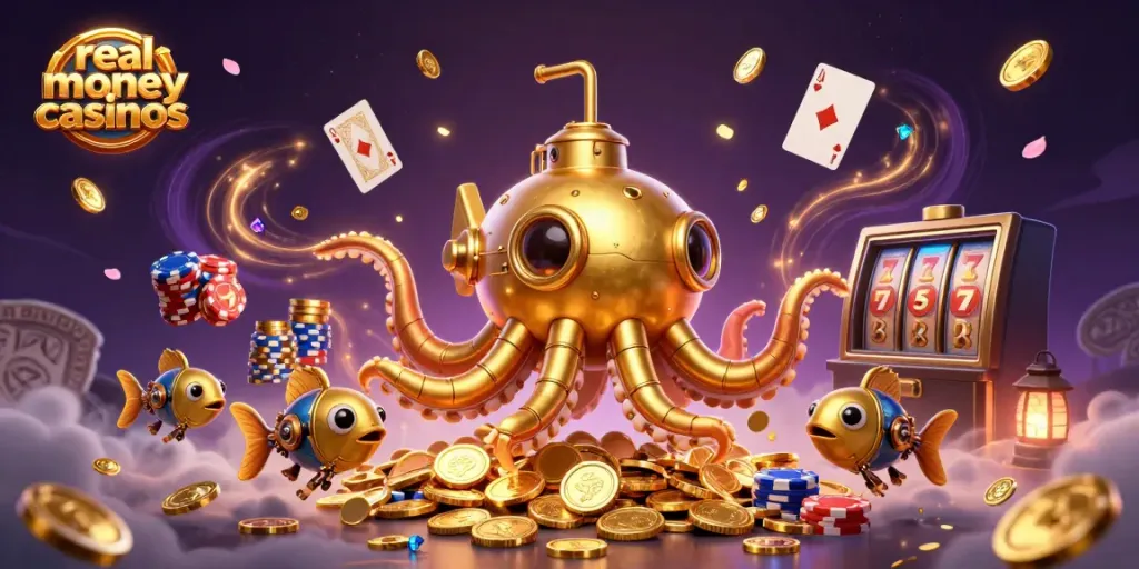 Engage with real money casinos featuring a golden kraken submarine and mechanical fish amid cascading gold coins and vibrant gaming elements.
