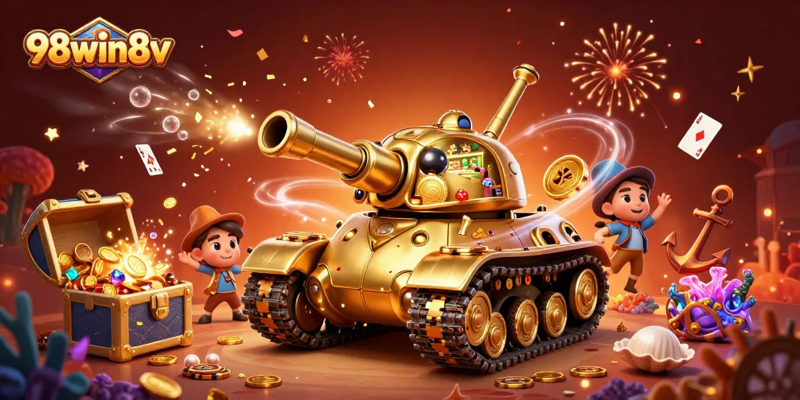 Experience 98win8v through a vibrant 3D casino scene featuring a golden beetle tank and confetti!