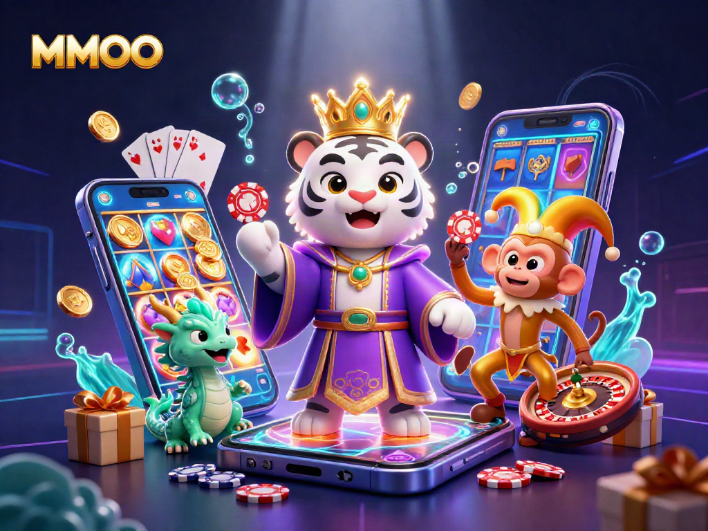 MMOO showcases a playful scene with a tiger, monkey, and dragon encapsulating casino thrills.