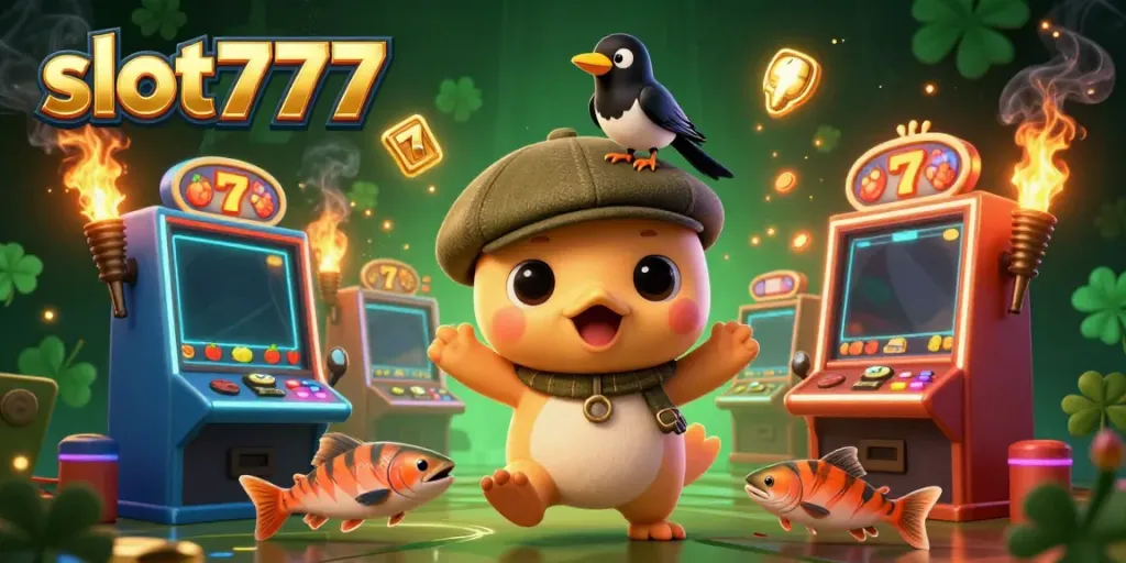 Engage in fun with slot777 as Nessie and friends play colorful slots in a vibrant gaming scene.
