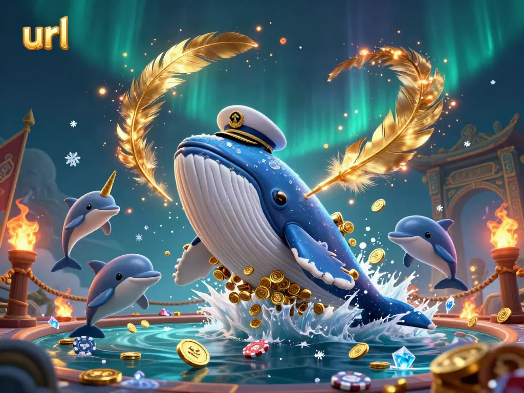 Experience the thrill of casino gaming with a dynamic scene featuring a whale, dolphins, and poker chips in vibrant colors.