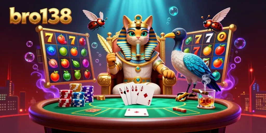 Experience thrilling slot gaming at bro138 with dynamic reels and vibrant characters in a detailed 3D casino scene.