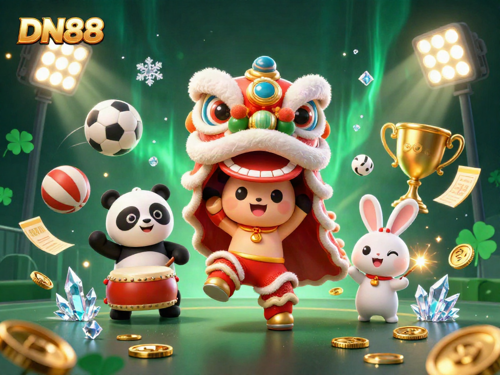 Engage in thrilling gaming with DN88, showcasing a vibrant lion dance amidst sports betting elements.