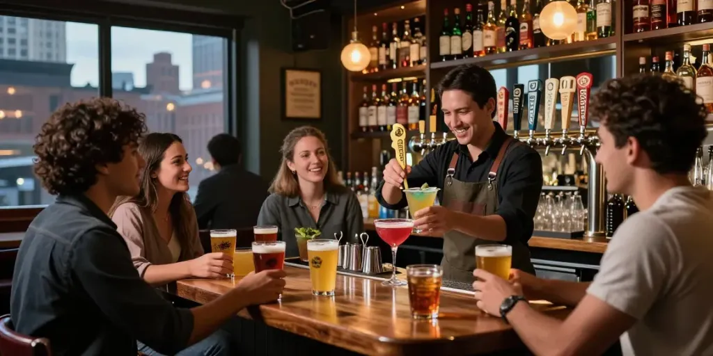 Suasana bar di The Keg Room NYC, teman-teman menikmati minuman dengan latar belakang suasana perkotaan.