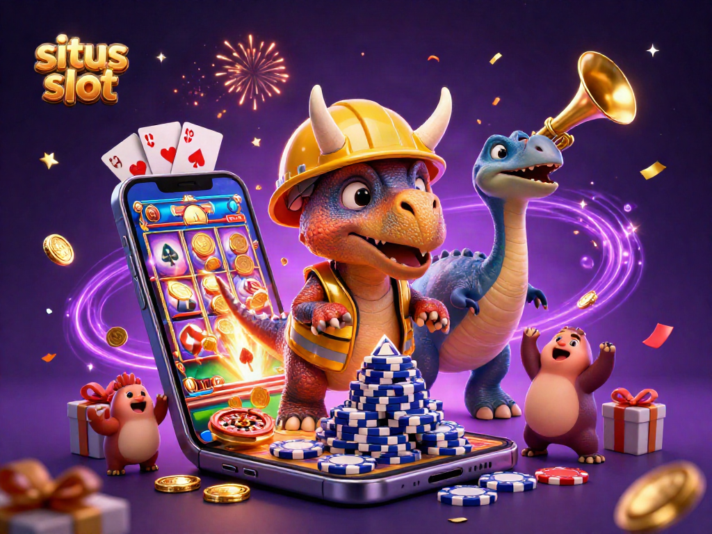 Engage in situs slot fun with a triceratops building poker chips and slot game excitement.