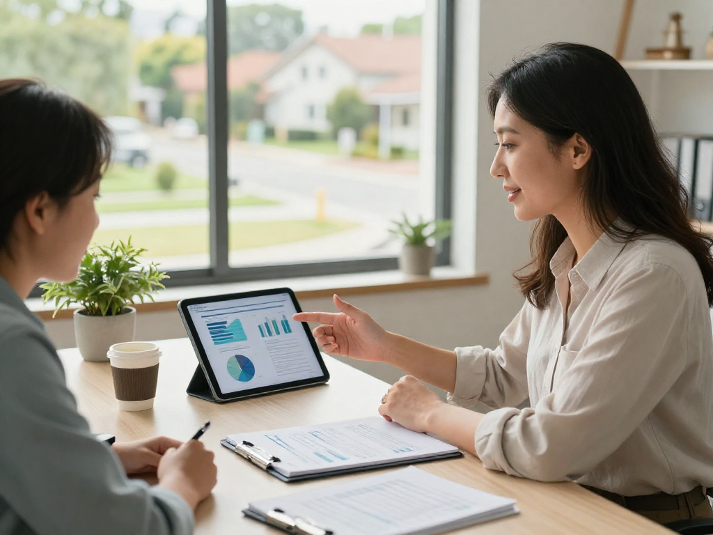 Client exploring consolidation options with financial counselor in bright home office